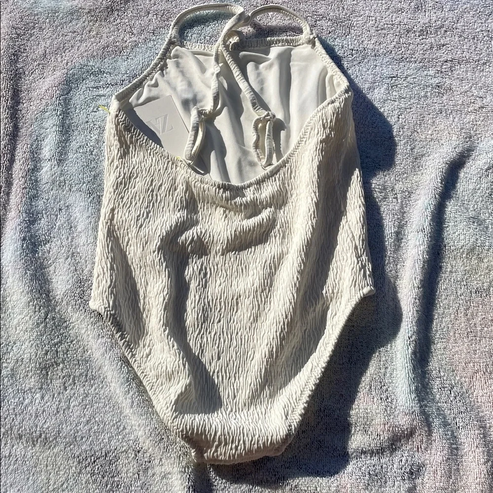 Zara Kids Cream Textured Girlcore Swimsuit Navy Sea Fruit Motif Embroidered SZ 5 - Picture 6 of 9